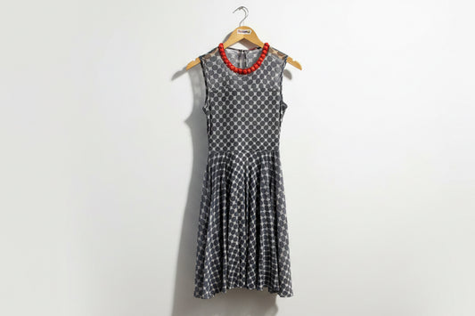 Weston Midi Dress Polka Dot Beaded Collar Grey/Red Size XS