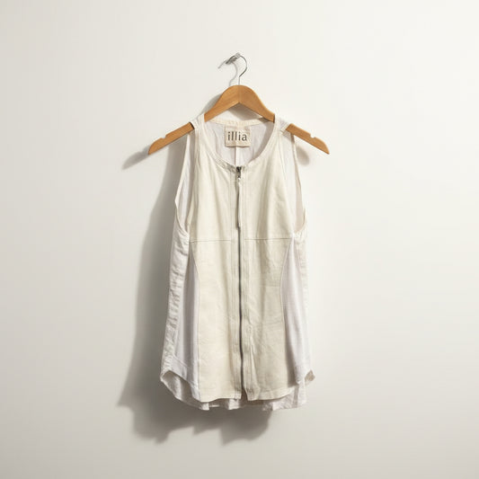 illia Zip Tank Leather Front Linen Back White Ladies Size 10