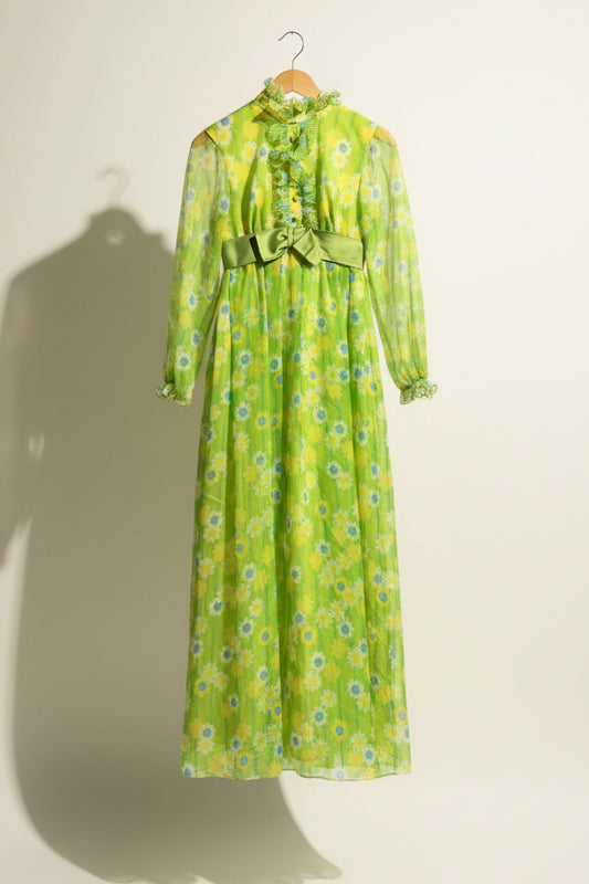 Vintage 60s Nylon Green Floral Maxi Dress Size XXS