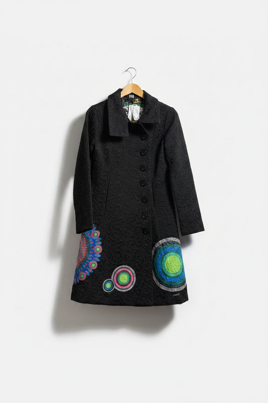 Desigual Overcoat Black Artistic Pattern Size 40