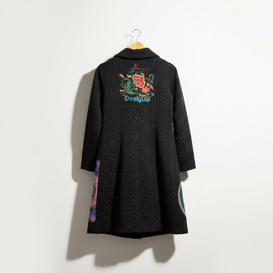 Desigual Overcoat Black Artistic Pattern Size 40