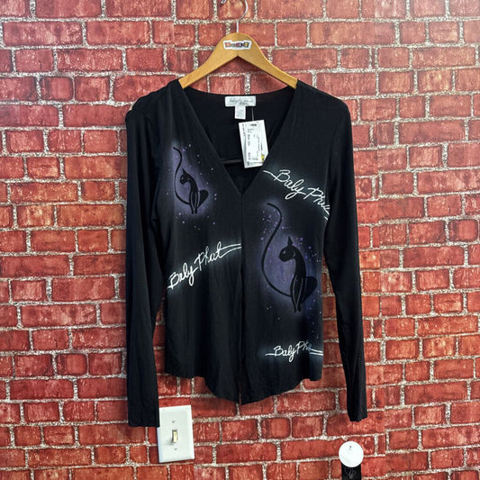 NWT Baby Phat Top Stretch Open Stomach V Neck Black/White/Purple Size XL
