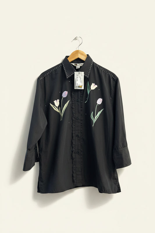 Vintage John A Black Tulip Embroidered Button Up Ladies Size M