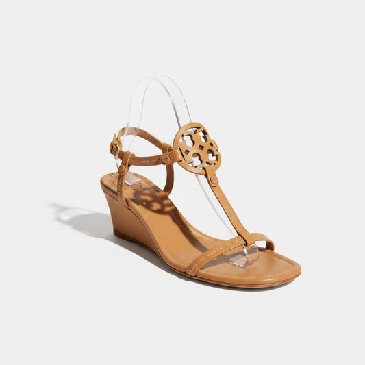 Tory Burch Miller Brown Leather Wedge Sandals Size 7.5L