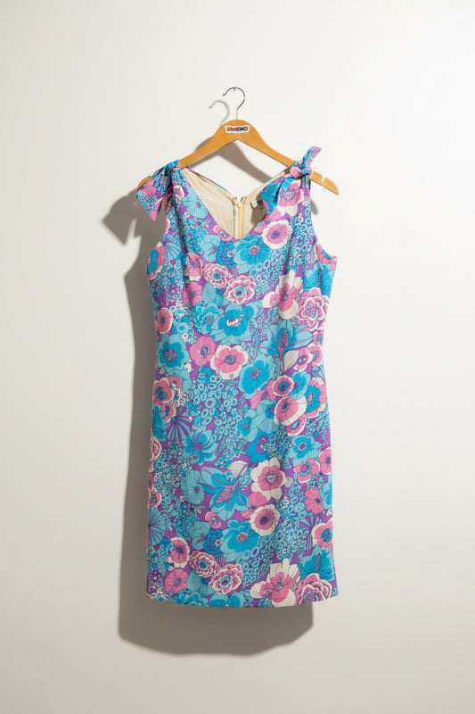 (as is) Vintage 60s Blue Floral Midi Dress Size M