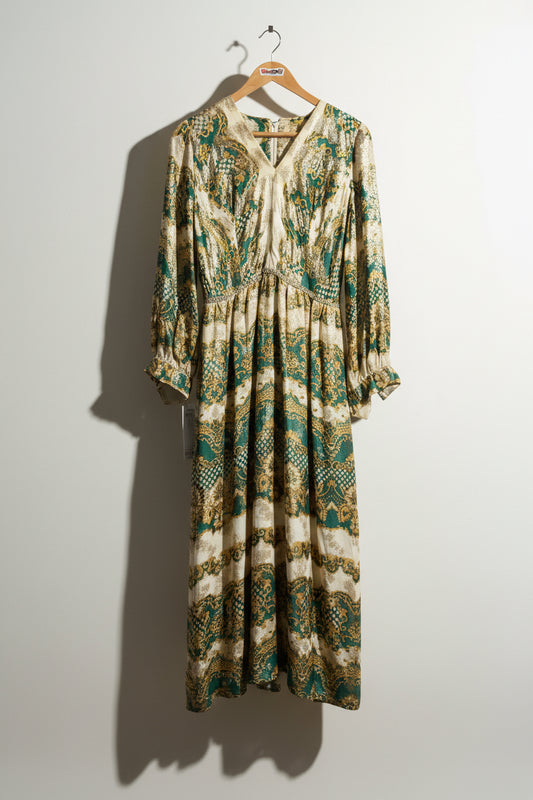 Vintage 1960s Emerald & Gold Maxi Dress Size S
