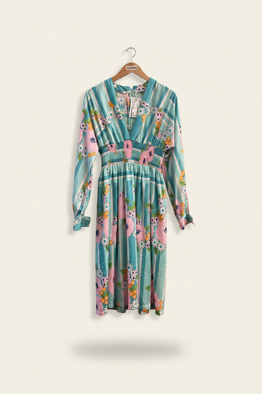 Vintage 60s Blue & Pink Floral Midi Dress LS Size S