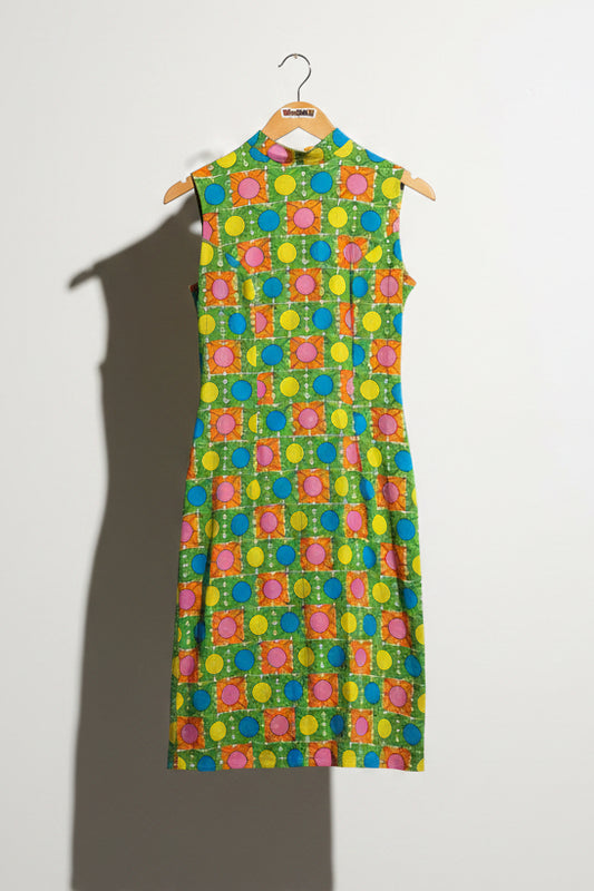 Luisa Spagnoli Vintage Tank Dress Mock Neck Circles Green/Multi Size S