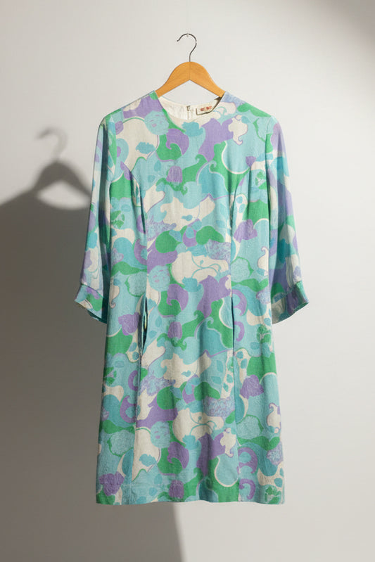 Vintage Midi Dress Roses Sheer Sleeve Green/Blue/Purple/White Size L