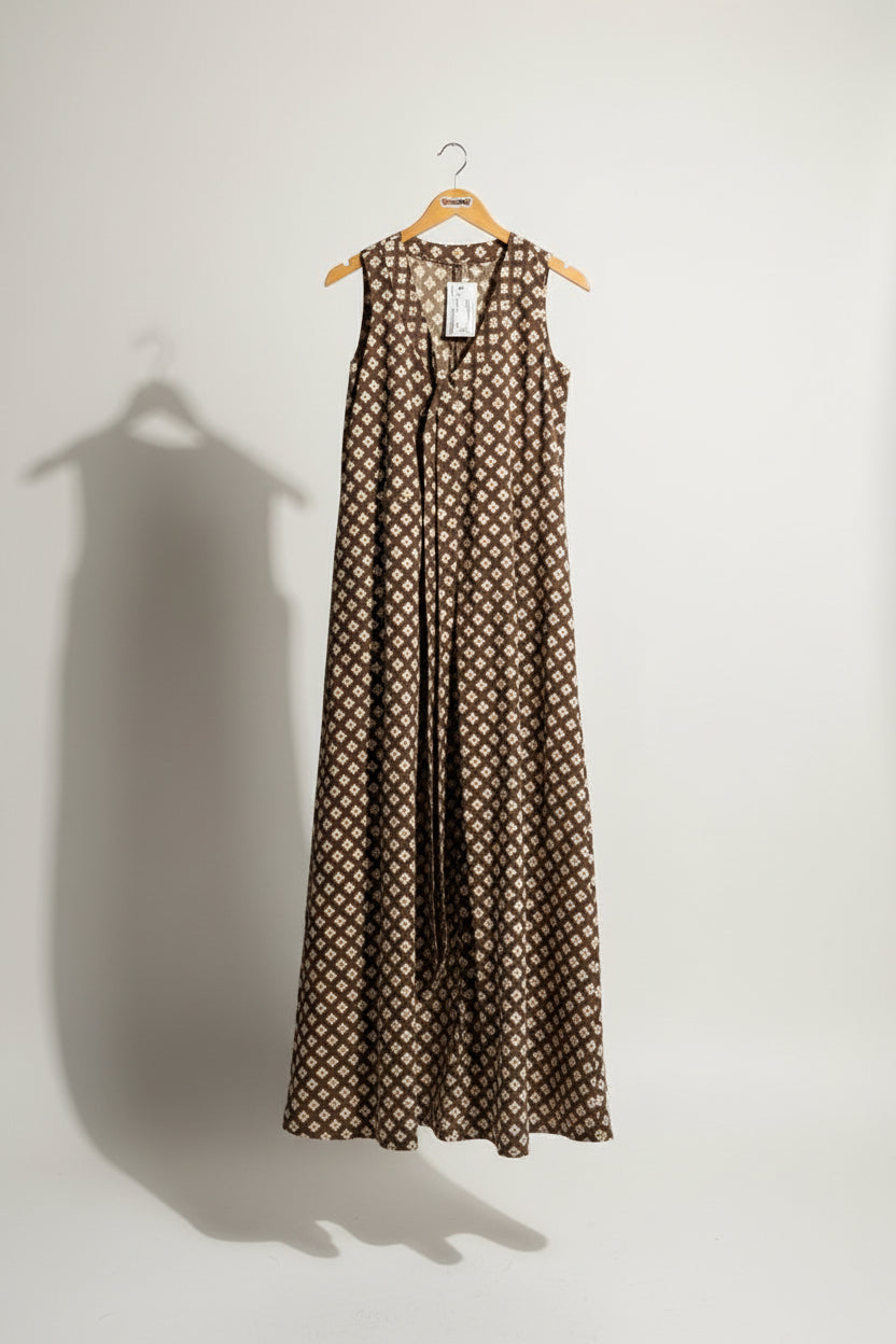 Vintage Maxi Dress Geometric Pattern Brown/White/Orange ladies Size M