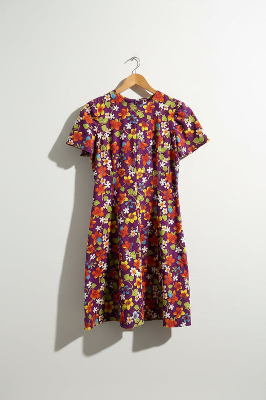 Vintage Midi Dress Floral Short Sleeve Purple/Multi Size M