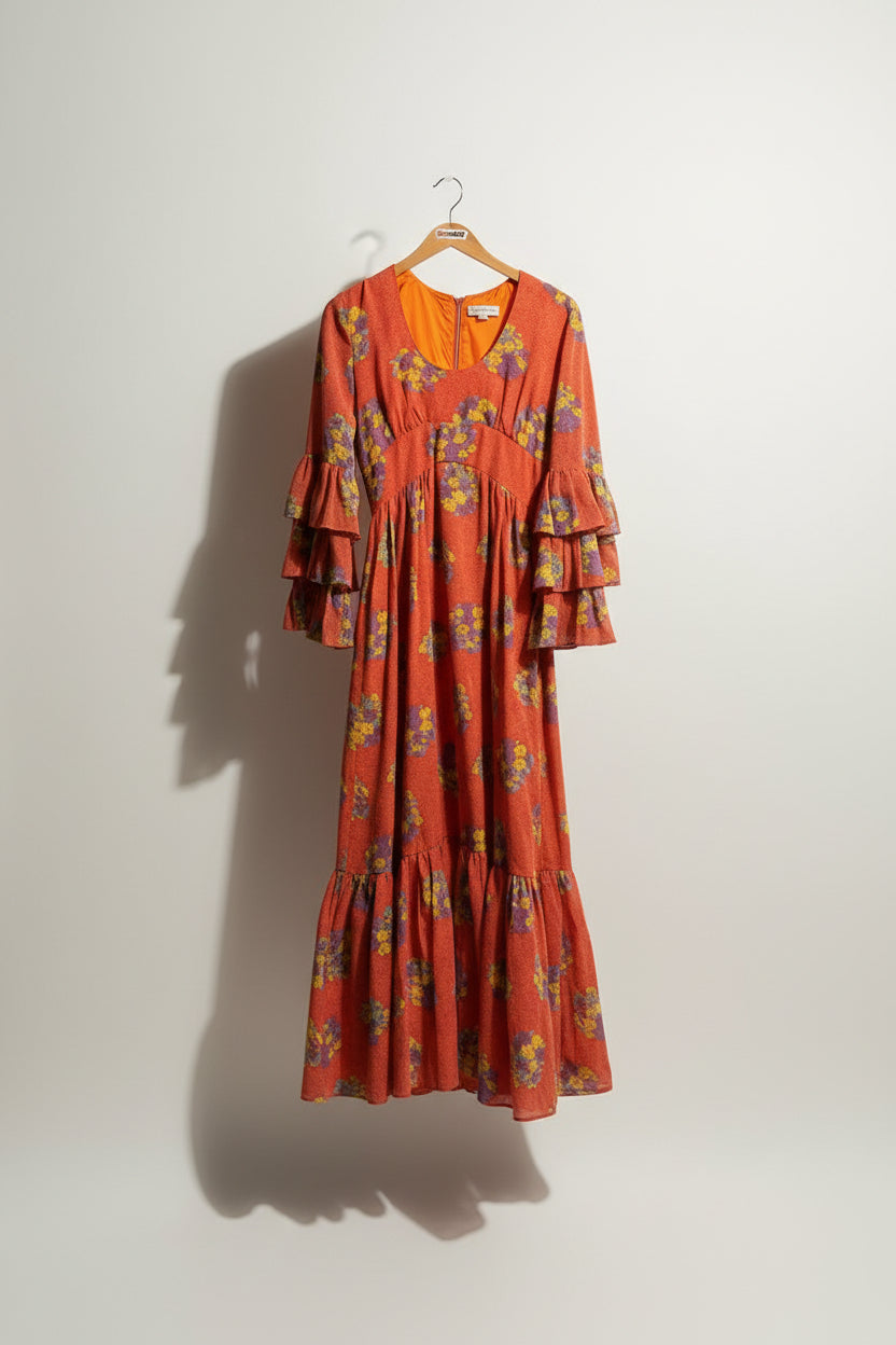 Vintage Maxi Dress AS-IS ruffles Floral Red/White/Multi Size S