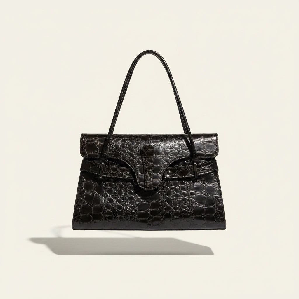 Stuart Weitzman Embossed Leather Bag Croc Pattern Brown