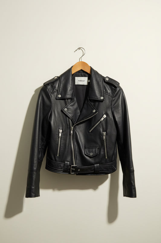 Deadwood Black Moto Style Leather Jacket Ladies Size 38