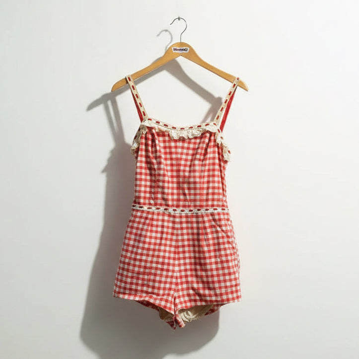 Vintage Playsuit Gingham Red/White Ladies Size S
