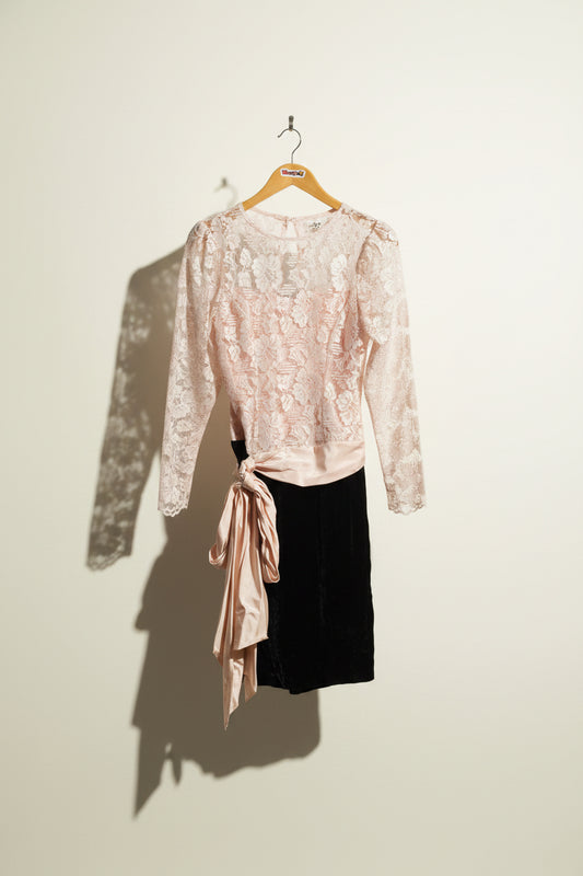 Vintage Chenelli Pink & Black Lace & Velour Midi Dress Size S