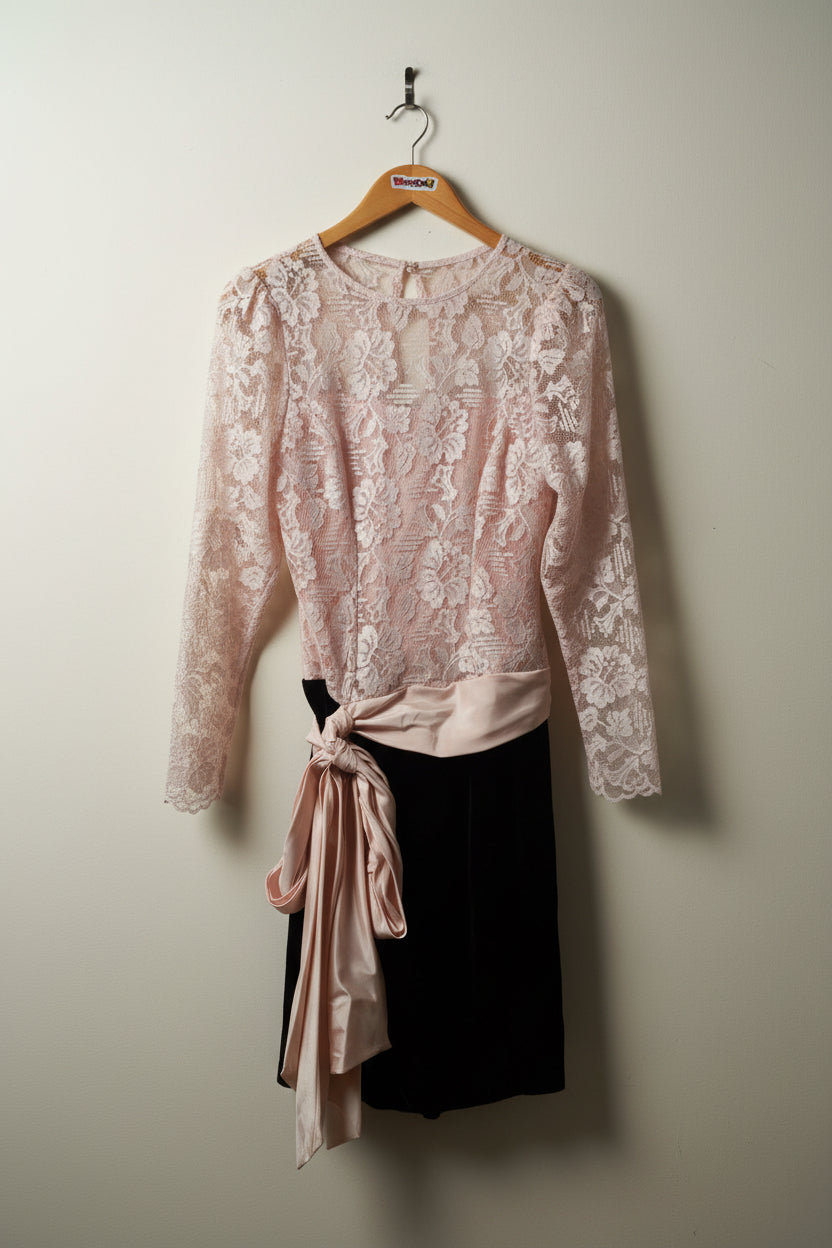 Vintage Chenelli Pink & Black Lace & Velour Midi Dress Size S