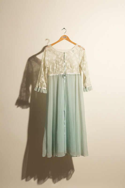 Vintage Mint Green Sheer & Lace LS Gown Size M