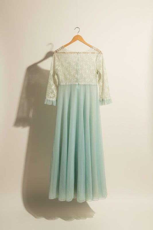 Vintage Mint Green Sheer & Lace LS Gown Size M