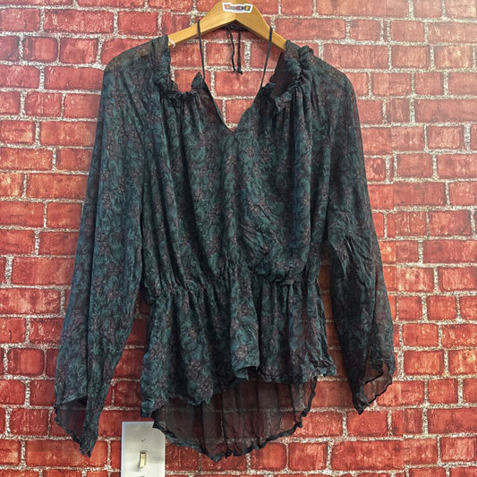 Vintage Blue Floral Mesh Sheer LS Top Size L