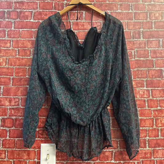Vintage Blue Floral Mesh Sheer LS Top Size L