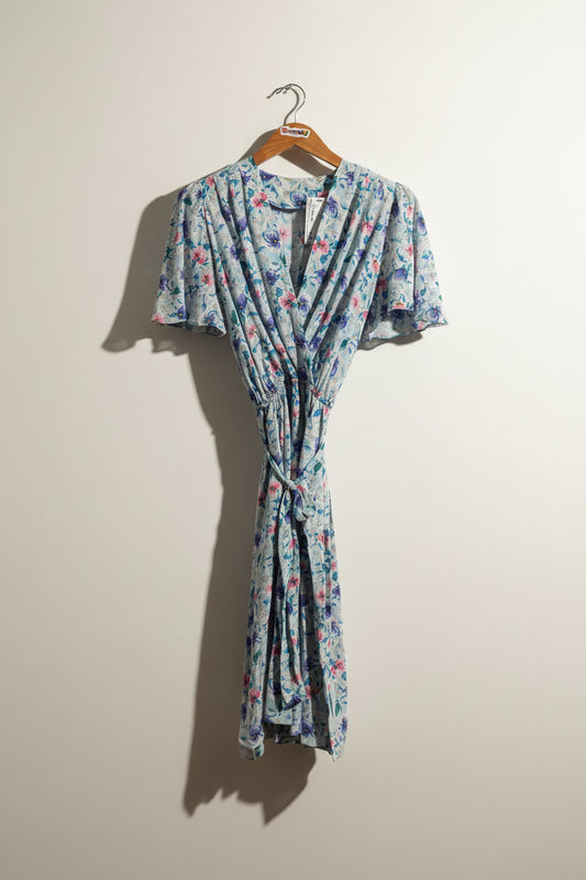 Vintage 60s Blue Floral Maxi Belted Dress Size M