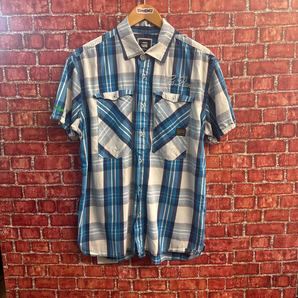 G Star Raw blue and white plaid button down shirt front view