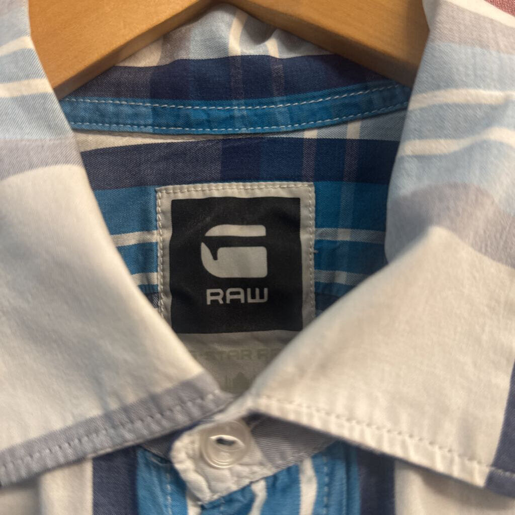 G Star Raw blue and white plaid button down detail view