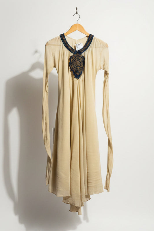 Vintage Anarkali Maxi Dress Zardozi Embellishment Beige/Blue Size L