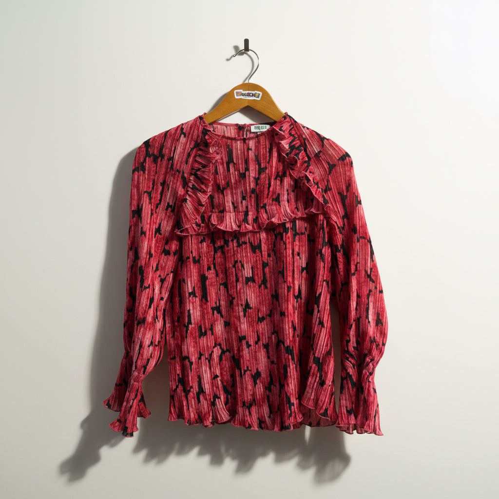 Kenzo Blouse Ruffles Rouched Pink/Black Size 34
