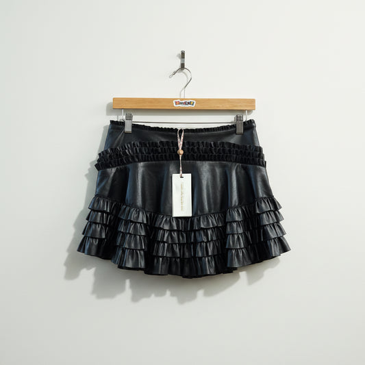 NWT LoveShackFancy Black Pleather Ruffle Mini Skirt Size 2