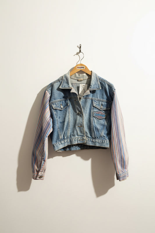 Vintage Cokilage Blue Denim Jacket W/Striped Sleeves Ladies Size L