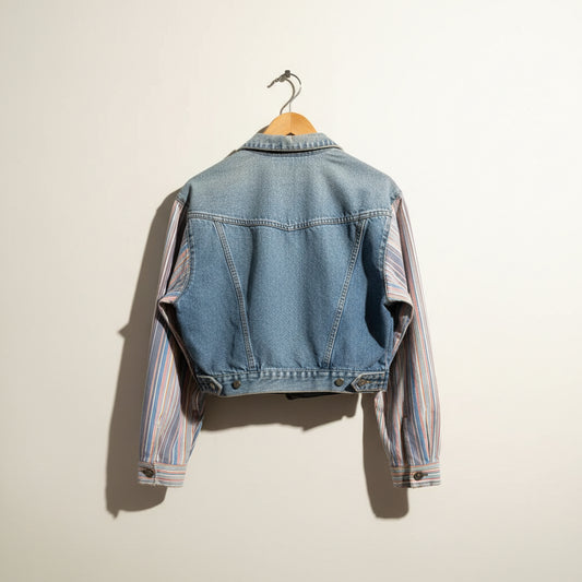 Vintage Cokilage Blue Denim Jacket W/Striped Sleeves Ladies Size L