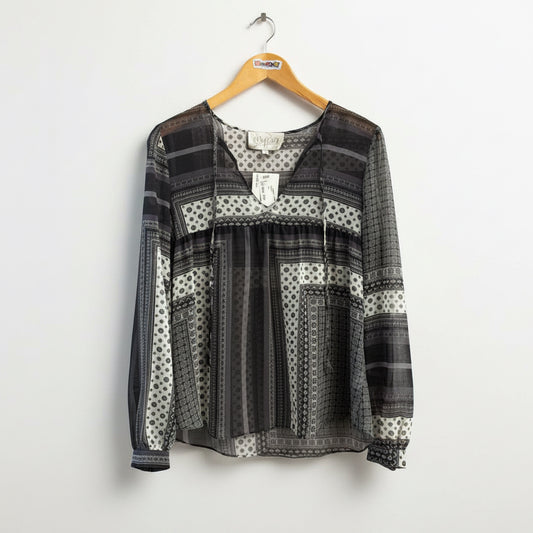 Vintage Rory Beca Blouse Silk Sheer Patterned Grey Ladies Size S