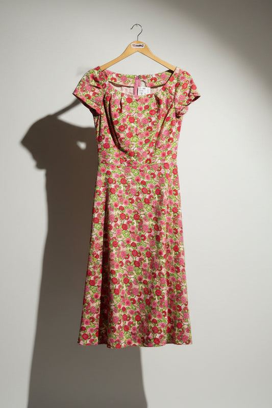 Handmade Dress Floral Capsleeve Pink/Green/Yellow Size M