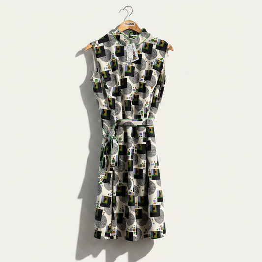 Vintage Coronet Belted Abstract Pattern Midi Dress Size M