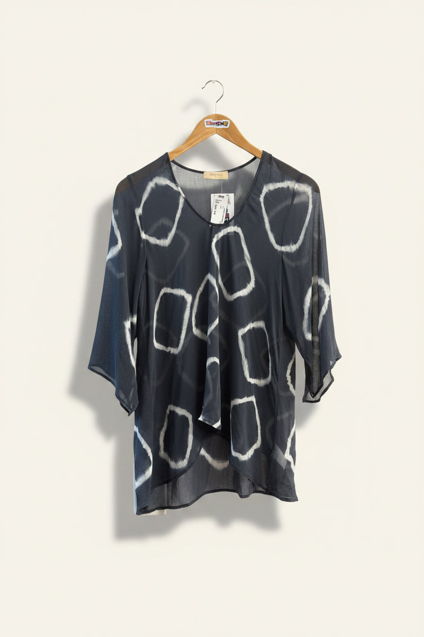 Language Grey & White Silk Circle Pattern Sheer Top Ladies Size S
