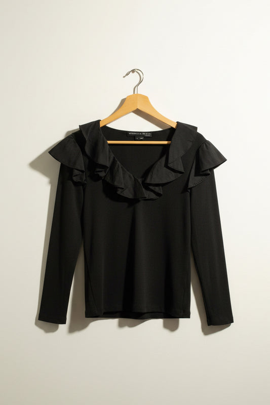 Veronica Beard Top Ruffle Trim Black Ladies Size S