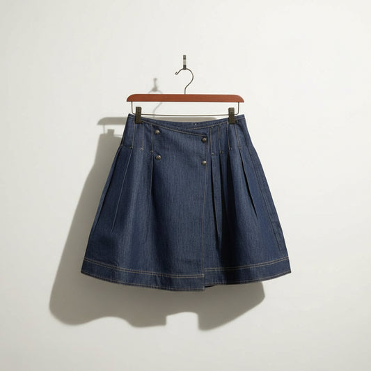Denim Midi Skirt Snap Rivets Pleats Blue Size M