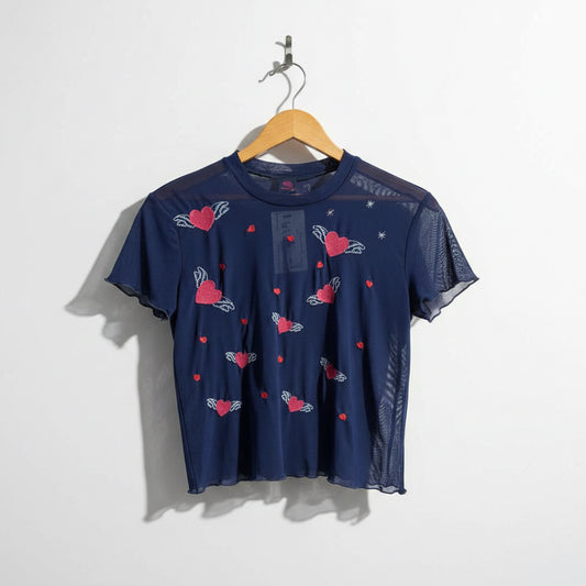 Only Hearts Tee Mesh Embroidered Hearts Navy\pink Size XS
