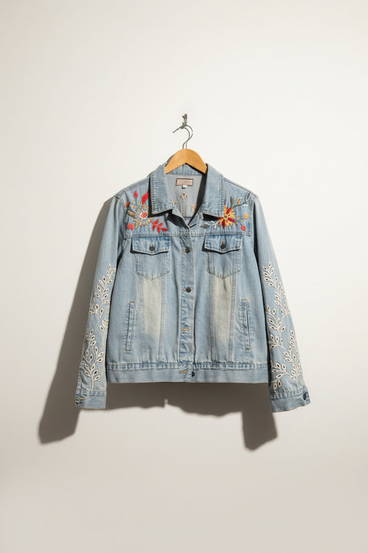 Johnny Was Denim Jacket Embroidered Floral Blue Ladies Size L