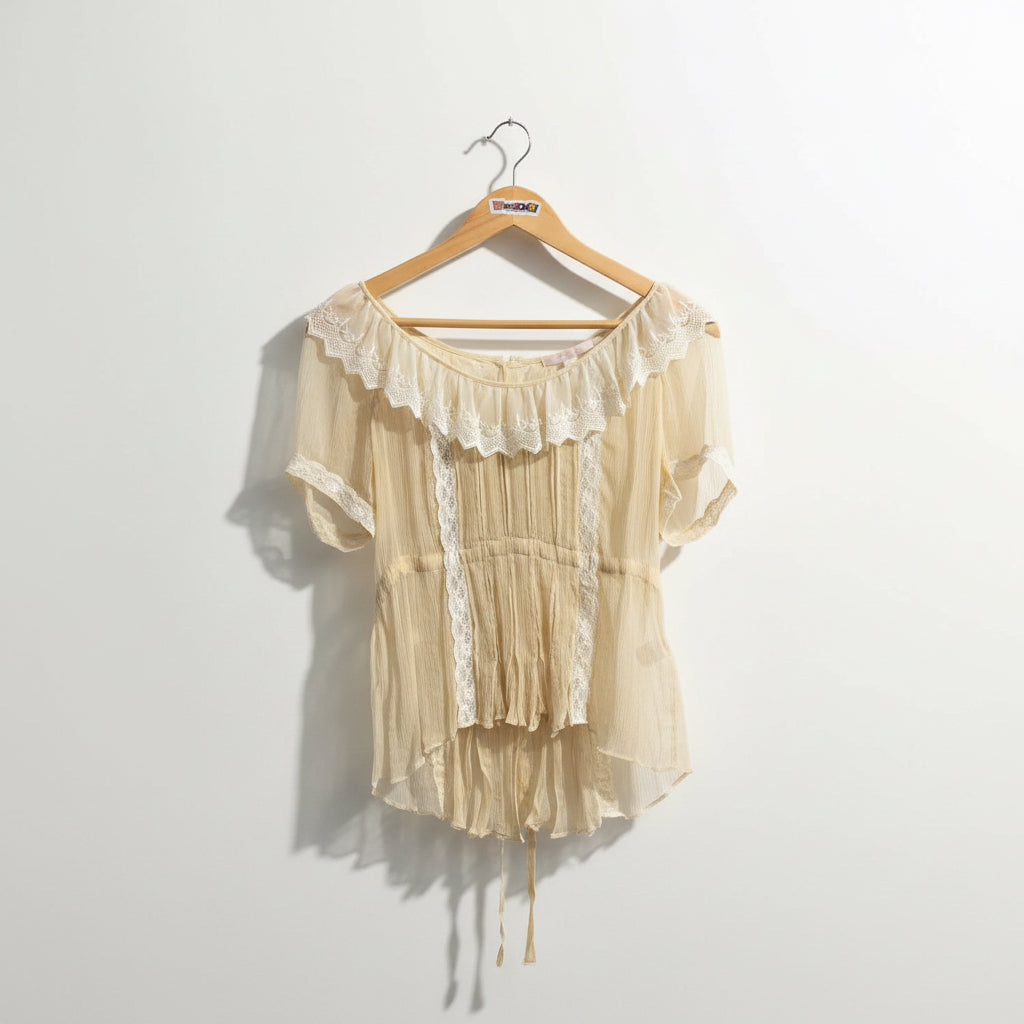 Rebecca Taylor Blouse AS-IS Short Sleeve Silk Lace Trim Tan/White Size 2