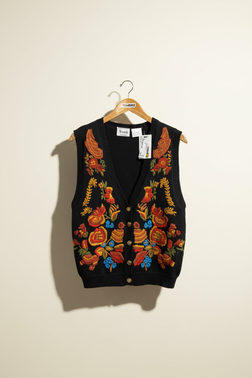 Kroshetta Vintage Sweater Vest Embroidered Black/Multi Ladies Size S