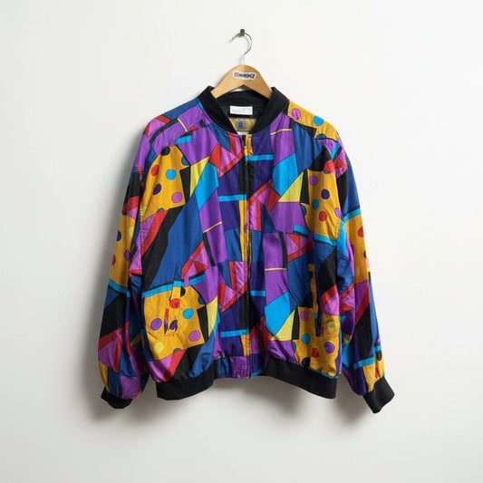 Baccini Vintage Bomber Jacket Silk Geometric Blue/Purple/Orange Size L