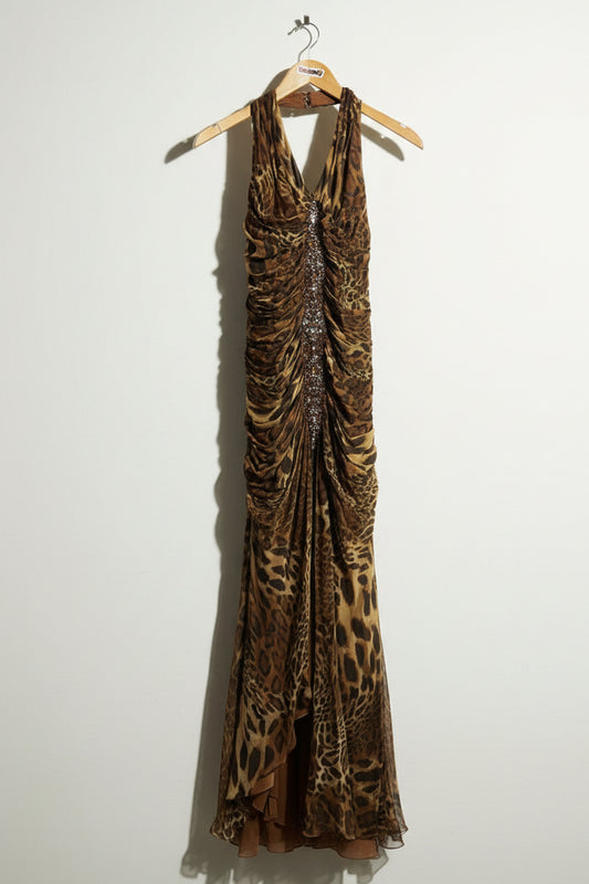 Aspeed USA Y2K Maxi Dress Brown Leopard Bejeweled Cinch Silk Size L