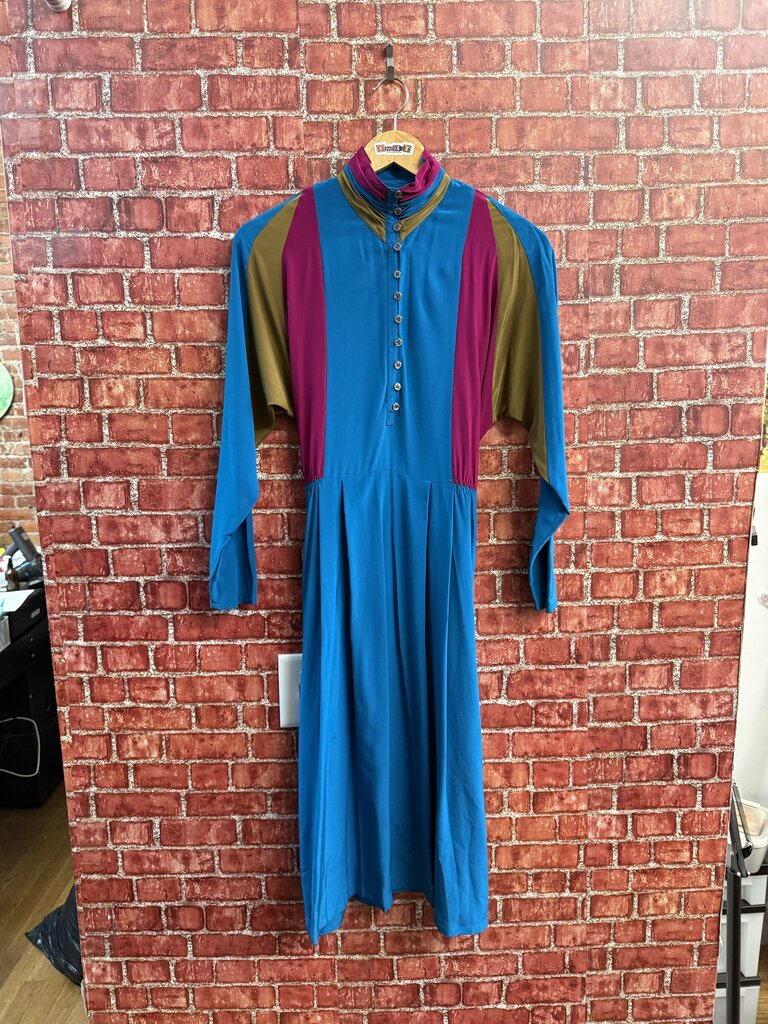 Francesca of Damon for Starington Maxi Dress Silk Mock Neck Color Block Blue/Brown/Magenta