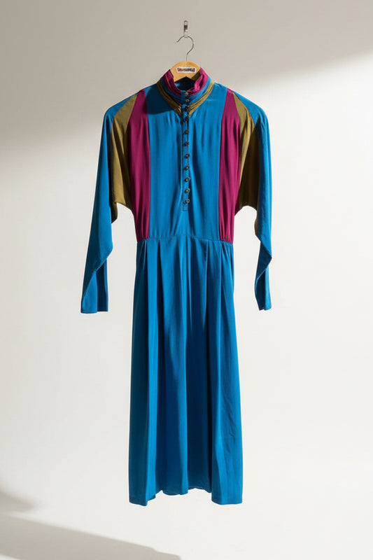 Francesca of Damon for Starington Maxi Dress Silk Mock Neck Color Block Size L