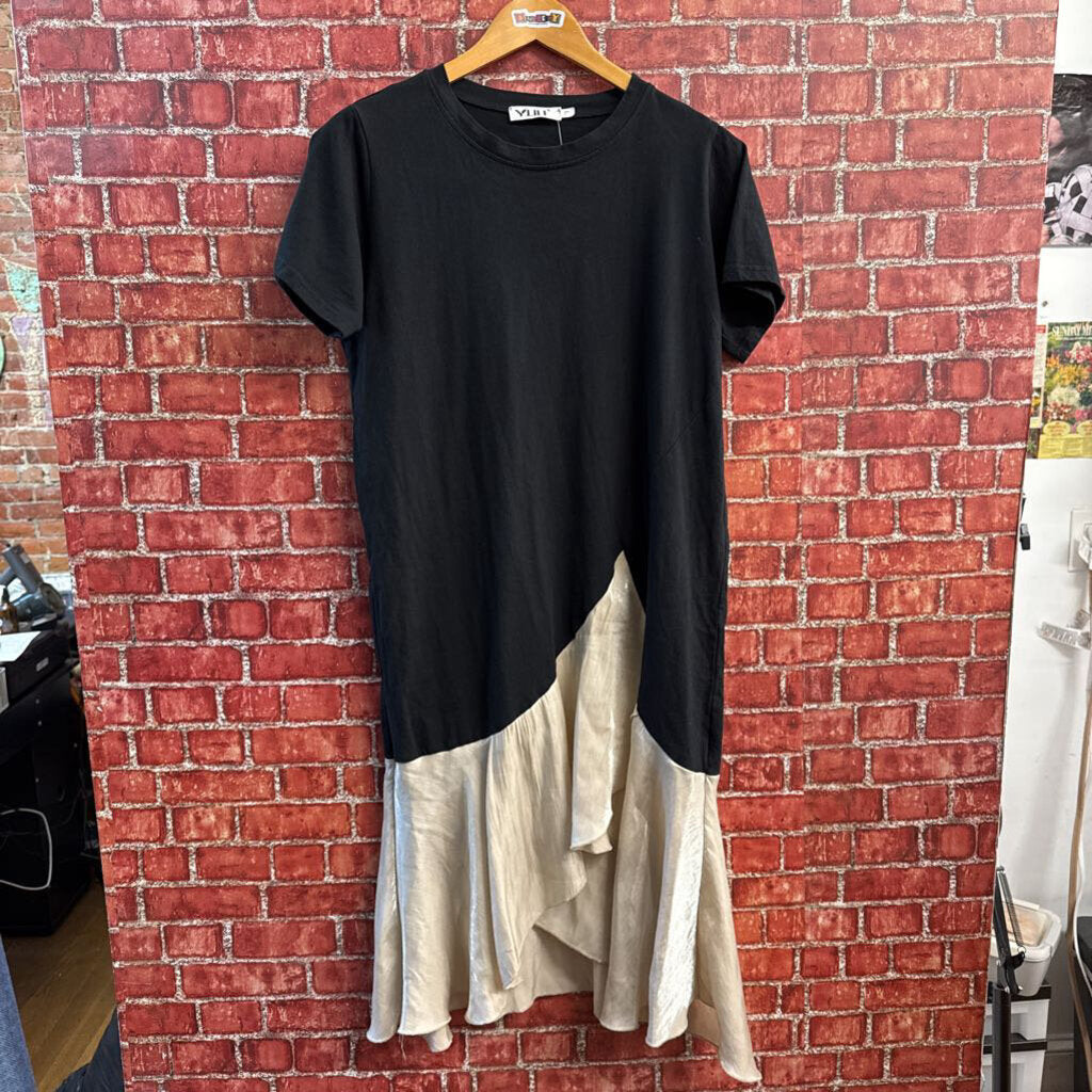 YULI Tee Shirt Dress Satin Bottom Flowy Black/Tan Size L