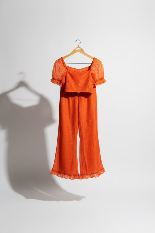 Samantha Pleet Crop Top and Pants Set Stars Orange Ladies Size S/10