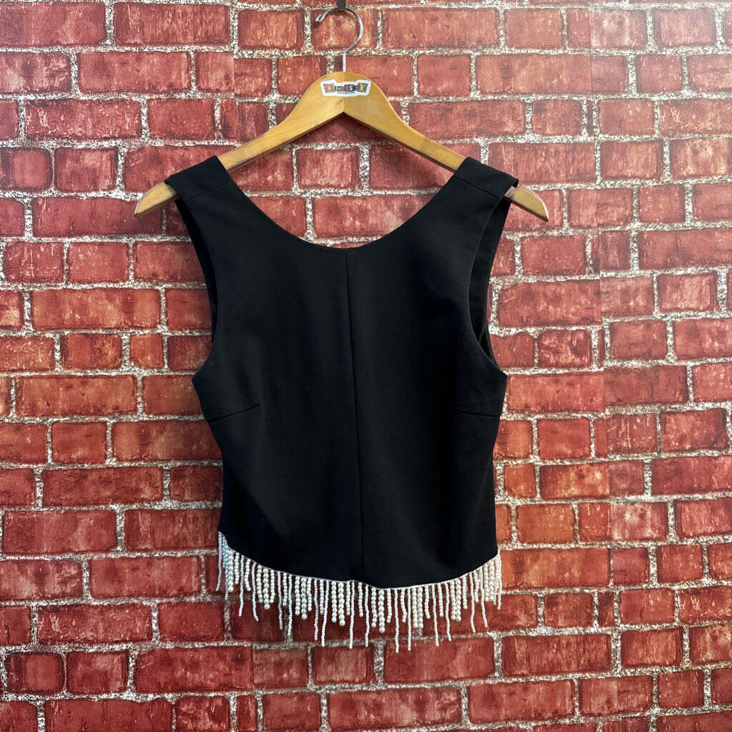 Sunday in Brooklyn Tank Beaded Tassels Crop Black/White Size S